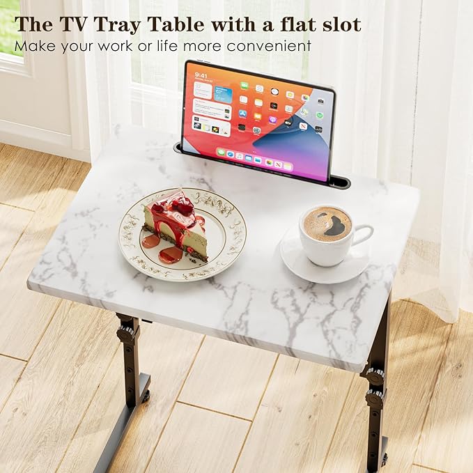 Fleecy day TV Tray, Folding TV Dinner Table, Adjustable Small C-Shaped End Tray for Eating, Foldable Slide Under Couch Side Table for Recliner, Living Room, Bedroom,No Assembly Required(White Marble)