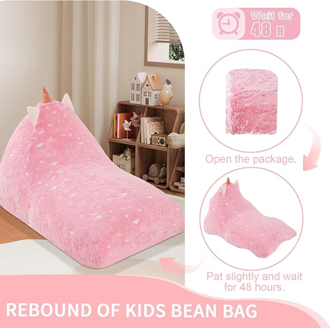 COMAX Unicorn Bean Bag Chairs for Kids, Kid Beanbag Chair with Filler, Toddler Lounge Bean Chair, Children Lazy Floor Lounger for Girls Boys, Glowing Pink Unicorn