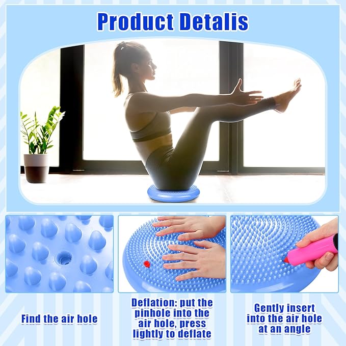 Silipull 2 Pcs Wiggle Seat Inflated Wobble Cushion Flexible Balance Disc with Air Pump for Core Stability Strengthening Improving Posture Physical Exercise