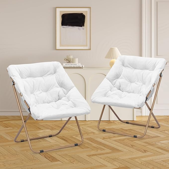 Athena Collection Saucer Chair for Adult, Square Comfy Cozy Chair Folding Chair Faux Fur Metal Frame Foldable Reading Chair Accent Chair for Bed Room Living Room Set of 2, White