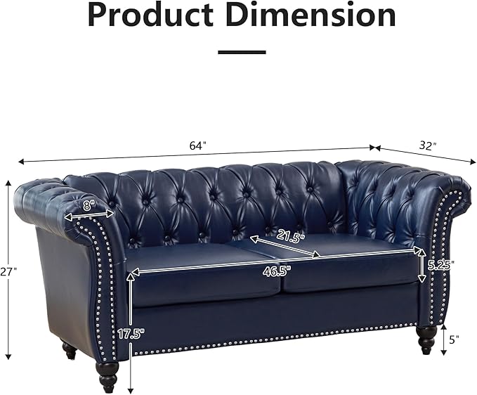 QHITTY Accent Sofa, Chesterfield Loveseat Modern Leather Couch Upholstered Sofa with Tufted Back for Living Room Furniture (Blue)