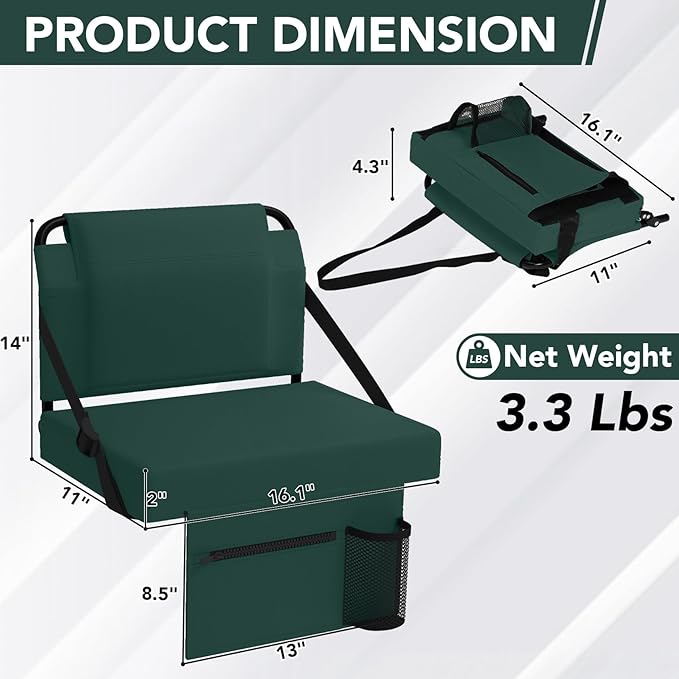 Stadium Seat for Bleachers with Back Support,Portable Bleacher Chairs with Back and Cushion，Green