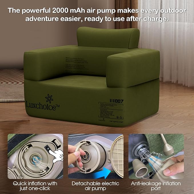 Luxchoice Inflatable Couch Premium Oxford Cloth Inflatable Sofa with Built-in Pump Rechargeable Portable Blow Up Couch for Camping Outdoor Travel Home Guests Backyard Patio | Durable Fabric, Easy Inflation, Waterproof, Puncture Resistant, Luxury Stylish