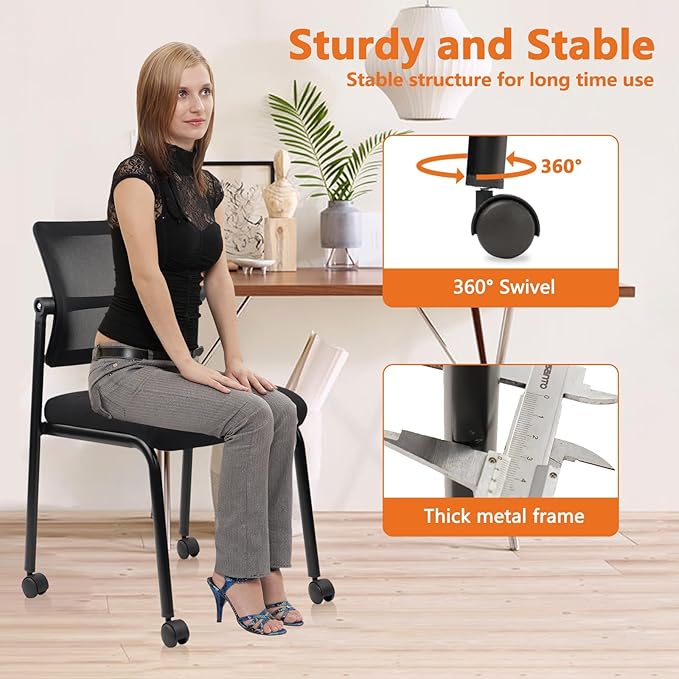 CLATINA 4PK Mesh Stacking Office Desk Chairs with Wheels, Portable Stackable Bulk Waiting Room Armless Chair with Adjustable Back & Fabric Seat for Guest Lobby Side School Church Conference Break