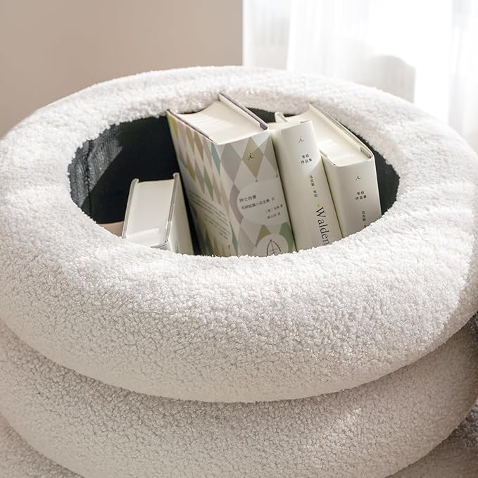 17.5'' Round Ottoman Foot Stool Fabric Storage Footrest Vanity Stool Chair, Modern Sherpa Upholstered Padded Seat with Lid for Living Room/Bedroom/Small Space/Make Up, Cream