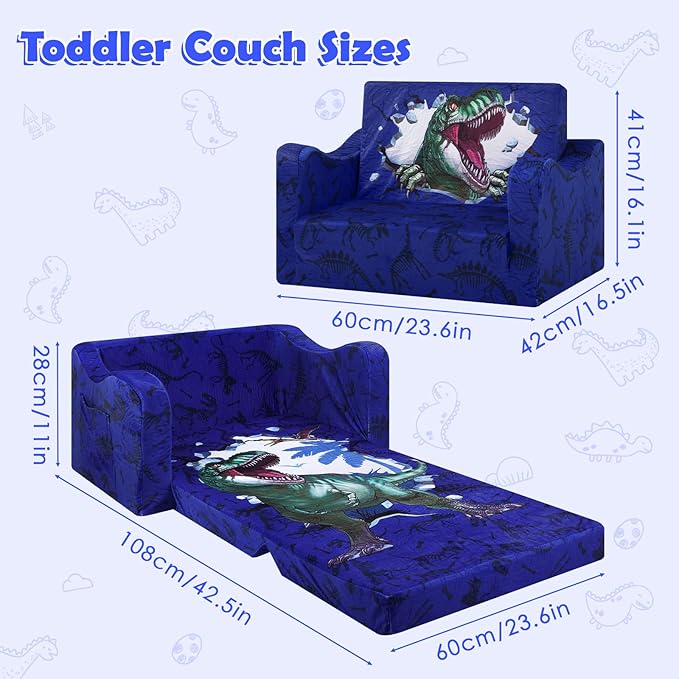 alldomess Comfy Kids Couch, 2-in-1 Folding Kids Sofa Bed for Toddler Boys, Convertible Sofa to Lounger Toddler Couch Chair for Baby Bedroom Playroom Nursery,Roaring Dinosaur