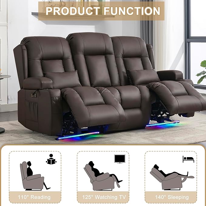 URRED Loveseat Recliner Sofa with Massage and Heat, Flip Middle Backrest Design 3 Seat Power Reclining RV Sofa Couch, Home Theater Seating with LED Lights, USB Ports, Outlets, Faux Leather, Dark Brown