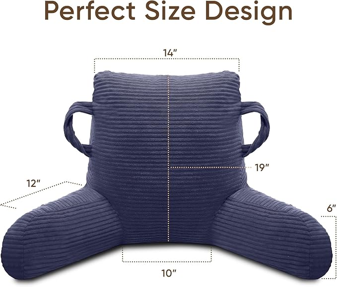 ABROLOY Reading Pillow for Sitting in Bed Adult, Bed Reading Pillow with Shredded Memory Foam, Back Pillow for Sitting with Arms and Pockets, Deepblue