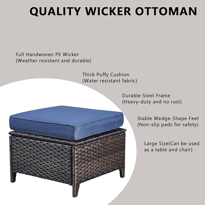 Rilyson Wicker Patio Furniture Sofa Set - 7 Piece Rattan Outdoor Patio Sectional Conversation Sets with 2 Sofa,2 Armrest Chairs,1 Coffee Table and 2 Ottomans for Porch Deck Garden(Brown/Blue)