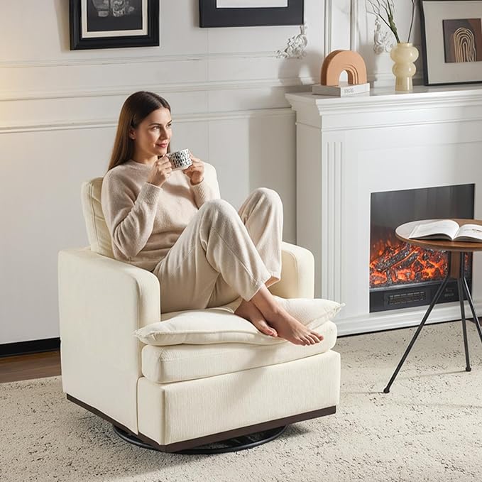VINGLI Mid-Century Modern Single Swivel Armchair, 360° Swivel, Double-Layer Seat Cushions, Upholstered Square Club Chair for Living Room, Bedroom, Reading Room,Beige Chenille
