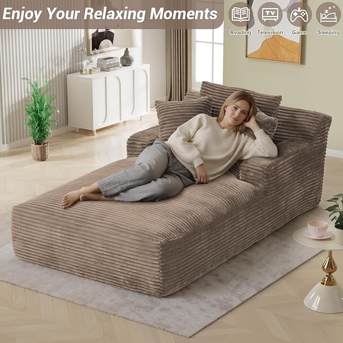 50"W x 76"D Oversized Chaise Lounge Chair Indoor Boneless Reading Chair Plush Corduroy Recliner Large Deep Seat Upholstered Sleeper Comfy Sofa Bed Couch with 3 Pillows for Living Room Bedroom, Camel