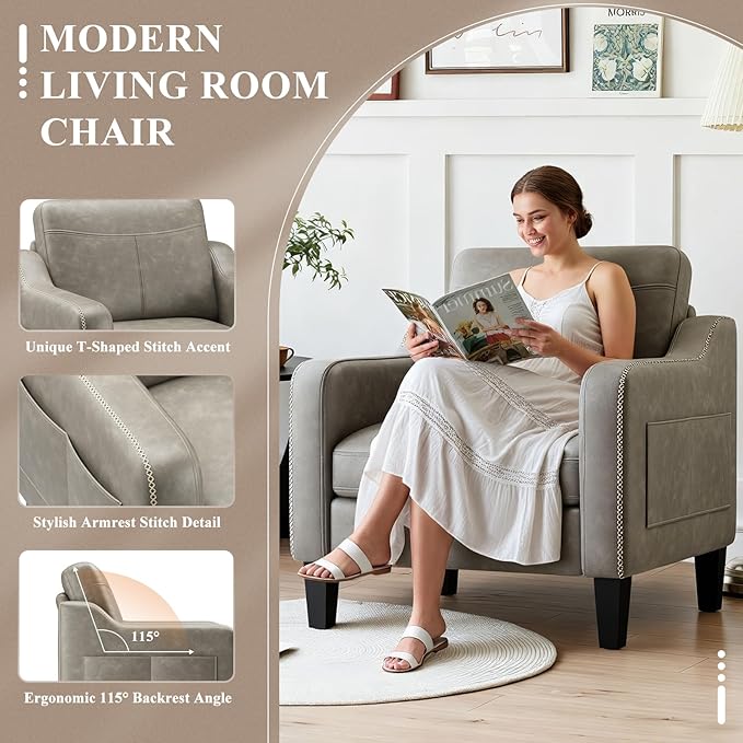 MALOL PU Leather Accent Chair Set of 2, Mid-Century Modern Living Room Armchair Sofa with Removable Cushions, Solid Wood Frame & Stitched Armrest Design, Bedroom Chair with Plastic Legs, Grey