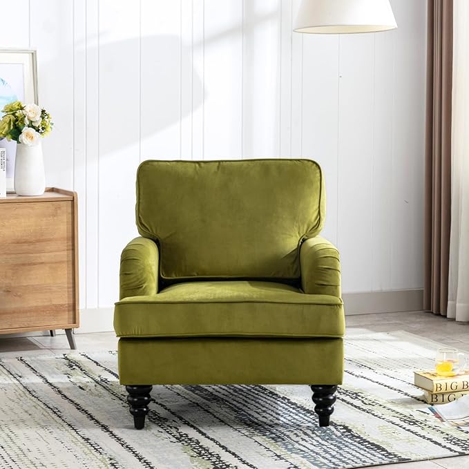 chairus Mid Century Modern Velvet Accent Chair, Vintage Club Armchair with Firm Supportive Seat & Soft Backrest, Comfy Single Sofa Reading Chair for Living Room Bedroom Apartment, Olive Green