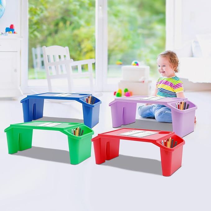 Kids Lap Desk Tray with Side Pockets, Plastic Breakfast Laptop Trays Kids Activity Lap Desk Tray Portable Bed Table Lap Desk for Kids Students Work Study School Classroom (4Pcs, 4 Color B)
