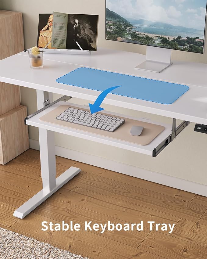 FEZIBO Standing Desk with Keyboard Tray, 55 x 24 Inch Adjustable Height Sit Stand Desk with Memory Presets for Home Office, Ergonomic Computer Workstation, White