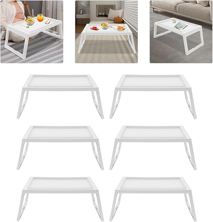 DUSNDULR 6 Pack Bed Tray Table, Foldable Laptop Desk Cute Serving Food Trays with Folding Legs & Charging Hole for Eating Reading Working (White)