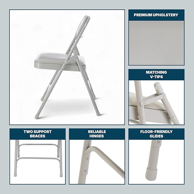 OEF Furnishings OEF1200 Series Premium Heavy Duty Vinyl Padded Folding Chairs, Commercial Grade 500 lb Capacity (4-Pack, Warm Gray)