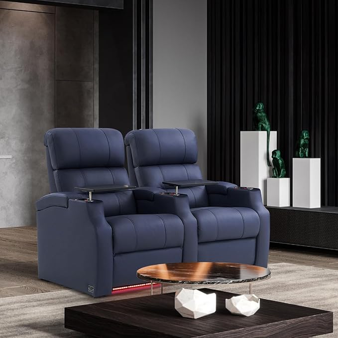 Weilianda Home Theater Seating, Top Grain Leather Sectional Seats Recliner Chair, Zero Gravity Reclining Sofa with Power Headrest 7 Colors Ambient Lighting USB C Charge Row of 2 Blue