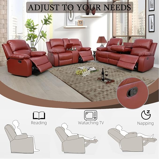 Caberryne Leather Recliner Sofa Set，Leather Reclining Couch for Living Room Furniture Sets，Red Recliner Couch with 5 Recliners for Living Room/Office/Theater Seating(Sofa Set 3 Pieces)