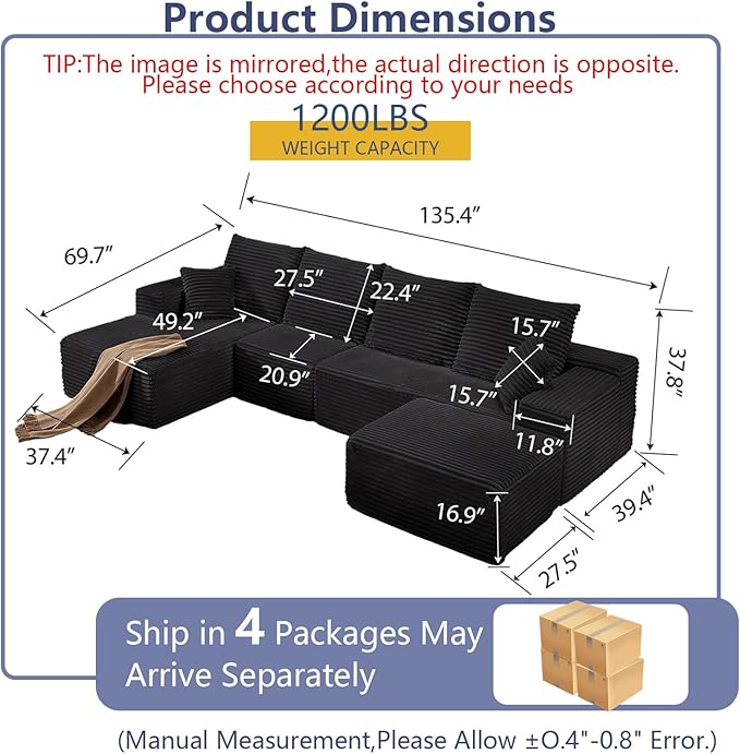 135.4" Cloud Sectional Couch with Ottoman,Modern U-Shaped Cloud Couch with Deep Seat,Comfy Corduroy 4-Seater Sofa,Memory Foam Sofa for Living Room,No Assembly (Gray,Left-Facing Chaise)