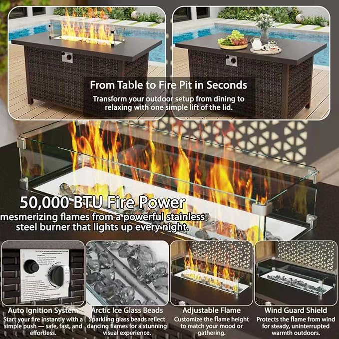 Xmkmvk 8 Piece Patio Sectional Sofa Set with 50000 BTU Fire Pit Table, All-Weather Wicker Rattan Outdoor Conversation Set, High Back, for Garden, Porch, Poolside, Beige
