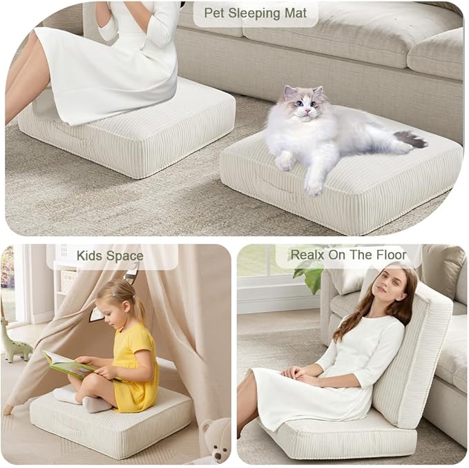 PRIMEPATIO Floor Pillow for Adults Set of 2, 4" Square Floor Cushions with Washable Cover, Large Corduroy Meditation Pillow, 24 inches Tatami Seat with Handle for Living Room or Yoga, Beige