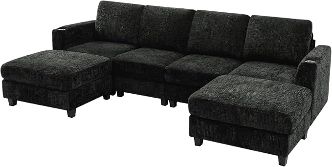 Lesofair 110" Chenille U-Shape Sofa with Flexible Ottomans, Comfy Sectional Sofa with 2 Built-in Cup Holders, Convertible 4 Seats Couch with Well-Filled Back Cushions for Living Room, House, Black