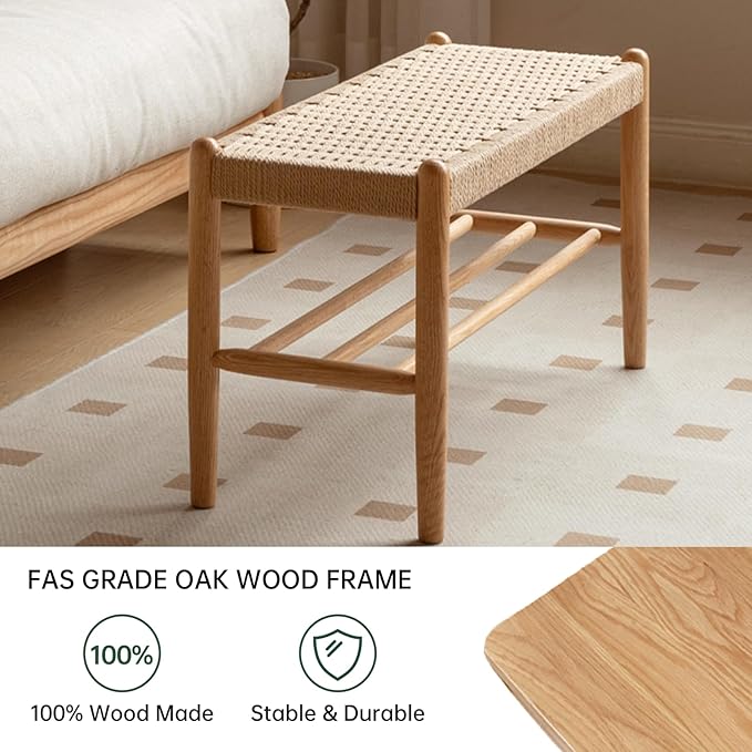 Vadisun Solid Oak Shoe Bench Assembled, Farmhouse Shoe Rack Bench with Woven Rope Design for Entryway, Living Room, Bedroom, Hallway, 11.8" x 31.5" x 16.1", Natural
