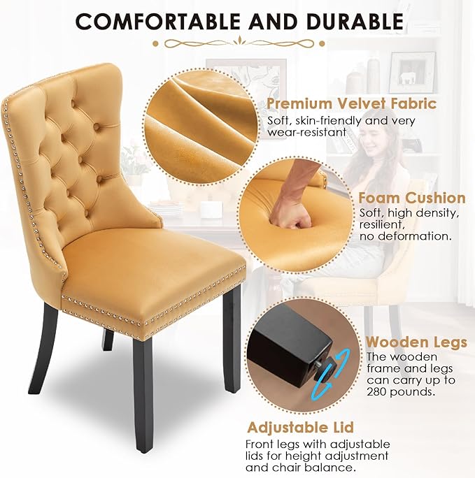 Kiztir Velvet Dining Chairs Set of 6, Upholstered Dining Room Chairs with Ring Pull Trim and Button Back, Luxury Tufted Dining Chairs for Living Room, Bedroom, Kitchen (Gold)