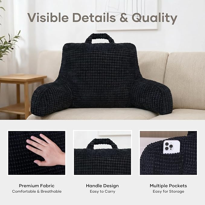 NOONTIDE Reading Pillow L-Size with Top Handle, Uniquely Designed Soft Fabric, Ergonomic Back Support for Bed, Couch & Reading, Comes with a Bag of Filling for Adjustable Firmness (Black)