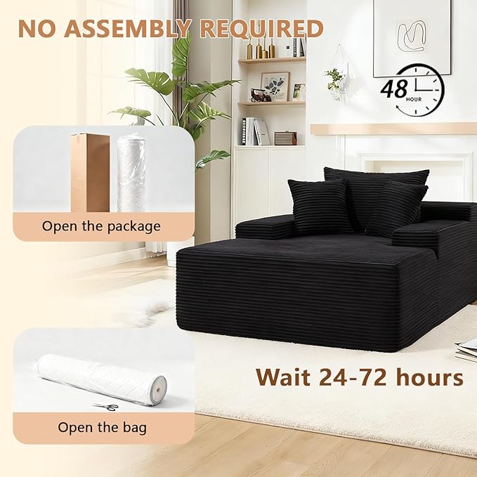 67.3'' Oversized Chaise Lounge Chair Indoor,Corduroy Boneless Couch with 3 Pillows Wide Armrest,Comfy Cloud Couch Sleeper Sofa Reading Chairs for Living Room Bedroom,No Assembly Required (Black)