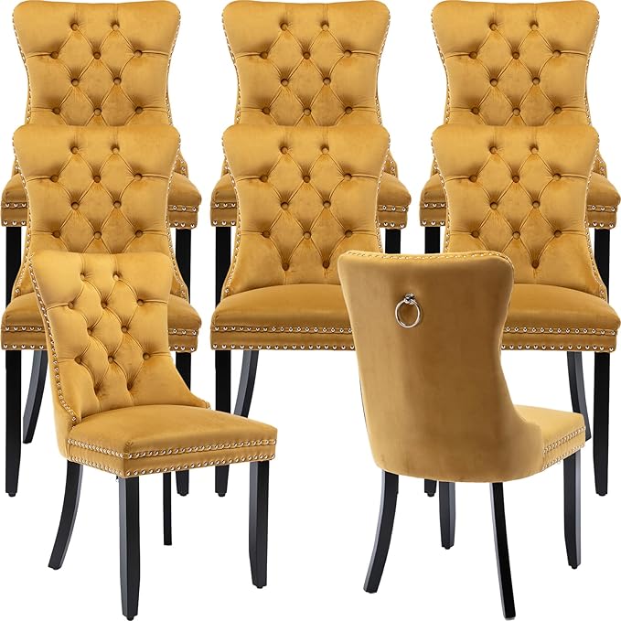 YeahFurn Yellow Mid Century Modern Dining Chairs Set of 8, Velvet Upholstered Kitchen & Dining Room Chairs with Nailhead Trim & Solid Wood Legs, Elegant Sillas De Comedor (Yellow, 8 Pcs)