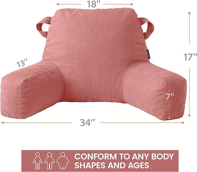 Unisakey Portable Comfy Reading Pillows for Bed Sitting Up(Dark Pink Oeko-Tex), Velvet Back Pillow with Arms & Pockets for Adults, Support Memory Foam Bed Pillow for Dorm/Reading/Watching/Gaming