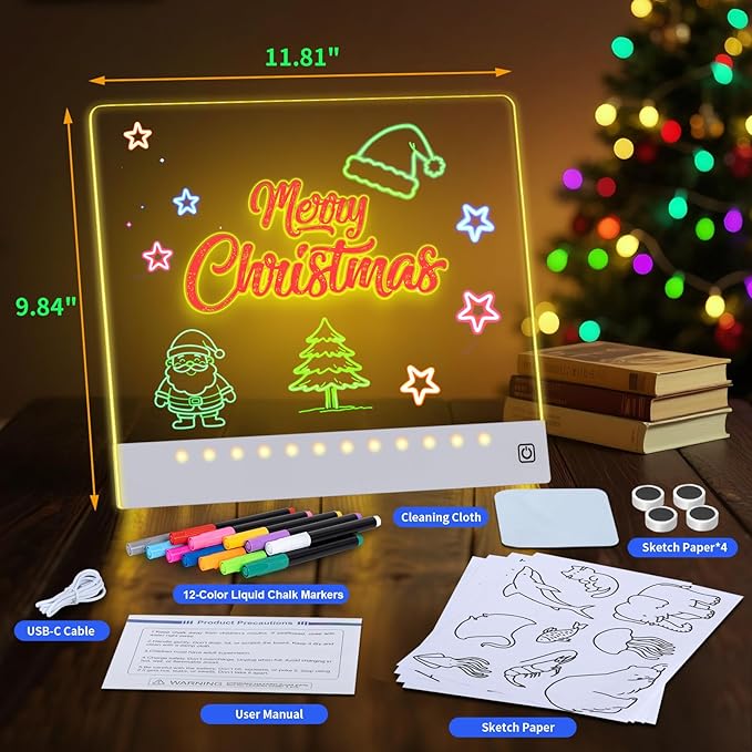 Rechargeable LED Drawing Board for Kids with Tracing Pages, Lumi Board Magnetic Light Up Acrylic Dry Erase Board, LED Note Board with 4 Magnets and Built-in Stand Christmas Gift Toy for Kids/Girls