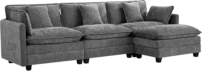 UMBFUN 3-Seater Cloud Couch with Ottoman, Oversized Comfy Modular Sectional L Shaped Sofa with Deep Seats, Chenille Couch for Living Room, Grey