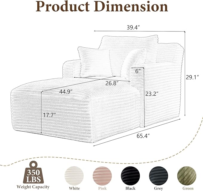 VEPXXP 65.4" Chaise Lounge Chair Indoor, Oversized Boneless Couch Comfy Upholstered Sleeper Sofa Bed with 3 Pillows, Corduroy Cloud Reading Chair for Living Room No Assembly Required, White