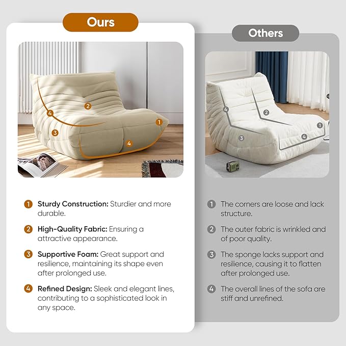 cebihy High-end Uncompressed Fireside Togo Chair, Bean Bag Chair, Foam Floor Sofa, Soft Lazy Lounge Sofa Couch, Armless Teddy Fabric Cover Beanbag Accent Chairs for Living Room Bedroom Dorm Office