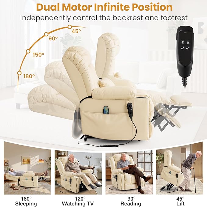 Oversized Power Lift Recliner Chair for Elderly Big and Tall, Dual Motor Heavy-Duty Lift Chair with Heat & Massage, Lay Flat Wide Recliner, USB-C, Cup Holders, Lumbar Pillow, PU Leather, Beige