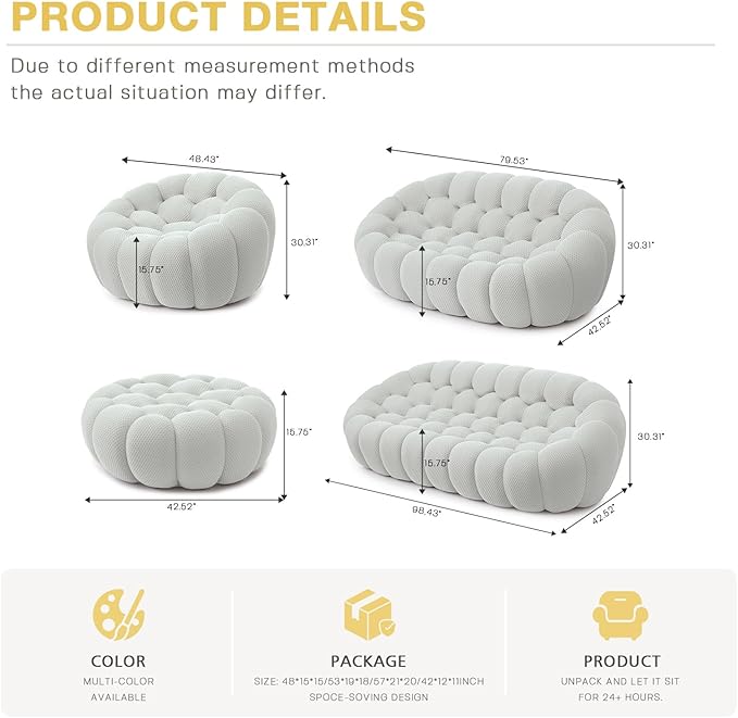 WJShome Bubble Couch,98'' Modern Curved Sofa, 3 Seater Morden Lazy Floor Sofa, Memory Foam Bean Bag Floor Couch Lounge Chair for Living Room, Office, Apartment-Gray