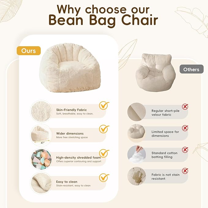 Giant Bean Bag Chair with Armrests 47 Inch Large Plush Bean Bag Couch for Adults and Kids Fluffy Faux Fur Shell-Shaped Oversized Comfy Stuffed Sofa with Filler for Living Room, Bedroom & Dorm, Begie