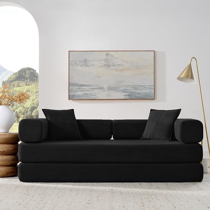 78" Convertible Sleeper Sofa Bed, Corduroy Folding Sofa Bed with Fixed-Shape Frame, Fold Out Floor Mattress Couch, Lazy Compression Sofas for Living Room, Bedroom, No Assembly Required, Black