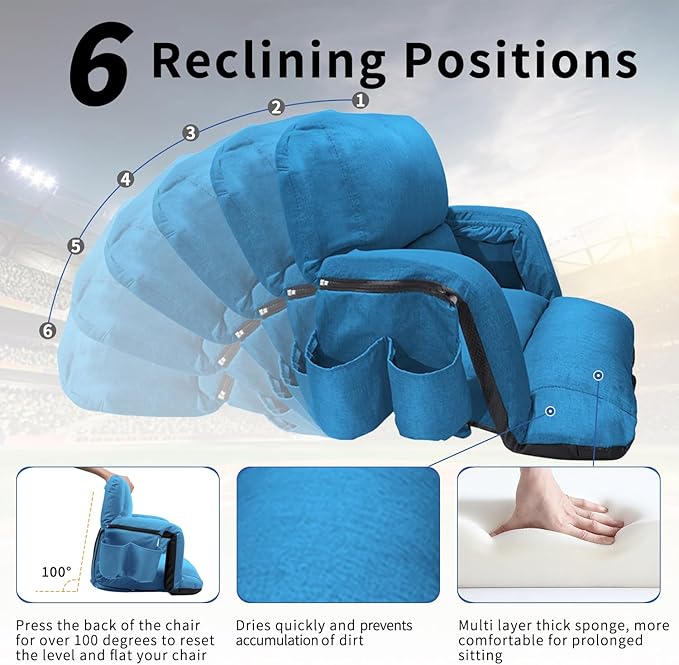 Stadium Seats with Back Support,Wide Stadium Chairs with Back and Cushion, Sofa Style Stadium Seats, 6 Reclining Positions, Extra Thick Bleacher Seat for Sports Events (Blue-2 Pack,Wide|25")