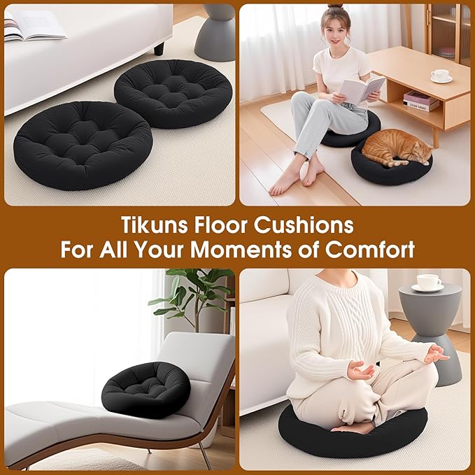 Floor Pillows for Adults, Meditation Cushions, 22x22 Inch Large Round Sitting Cushion Living Room Memory Foam Pillow for Sitting (1, Black, 22x22x4 Inch)