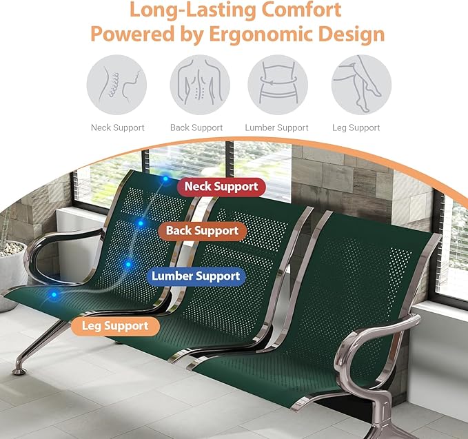Kinfant 3-Seat Waiting Room Chair - Office Guest Reception Chairs with Ergonomic Backrests, Airport Waiting Bench with Armrests, Metal Waiting Furniture for Hospital, Bank (Dark Green, Set of 2)