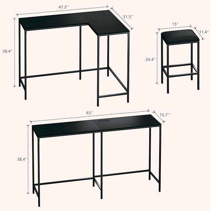 Bar Table and Chairs Set for 2-4, 63'' Convertible L-Shaped Kitchen Table with Power Outlets, 3 Piece Counter Height Small Dining Table with 2 Stools, Space Saving, Breakfast Nook Corner, Black