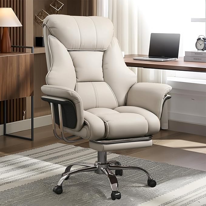 BTFYOU Big and Tall Office Chair with Armrests Executive Chair with Footrest and Spring Lumbar Support High Back Leather Ergonomic Chair Adjustable Height Tilt Lock for Business