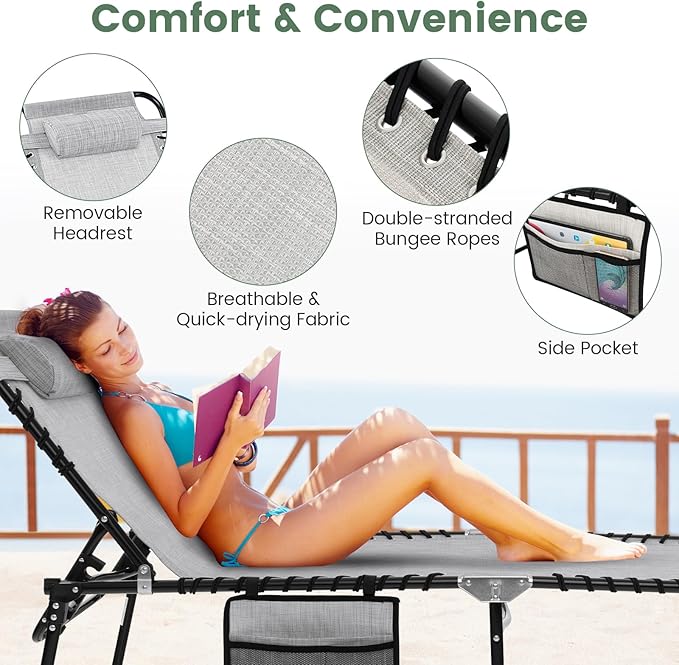 Tangkula Beach Lounge Chair for Outside, Folding Chaise Lounge Outdoor with 4-Position Backrest, Removable Headrest and Side Pocket, Portable Sunbathing Tanning Chair for Patio, Poolside (2, Grey)