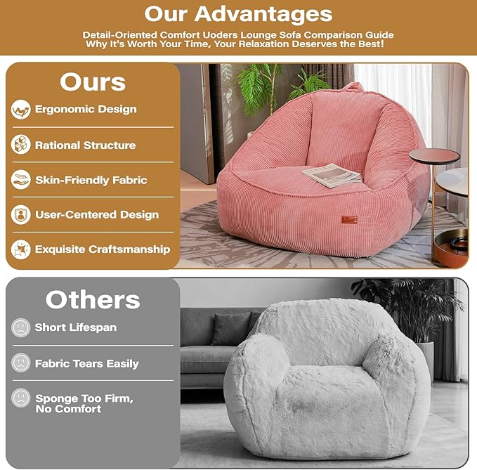Giant Bean Bag Chair for Adults, Teens and Kids, Cozy Fluffy Corduroy Beanbag Chair with Filler, Large Floor Lounge Sofa for Living Room, Bedroom, Dorm, Gaming and Reading(L-Pink)