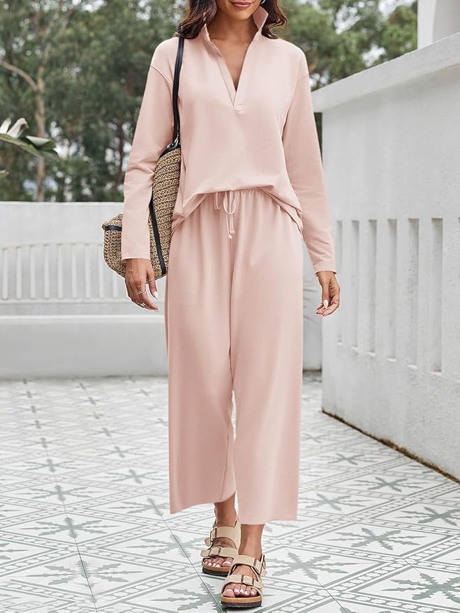 Imily Bela Womens 2 Piece Outfits Sweatsuit Long Sleeve Lapel V Neck Shirt and Wide Leg Pants 2025 Fall Trendy Tracksuit