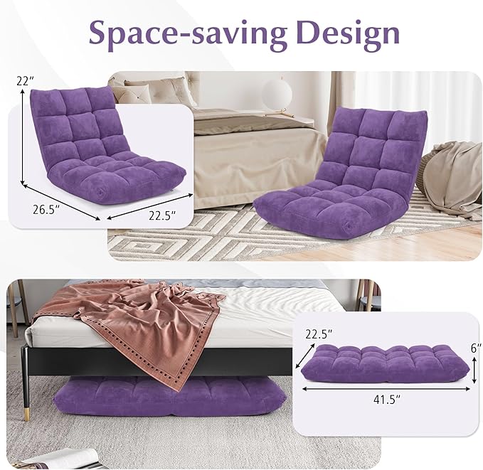 ARLIME Adjustable Floor Chair, 14-Position Lazy Sofa Chair with Back Support & Thick Padding, Portable Foldable Floor Couch for Adults, Kids, Use in Bedroom, Living Room, Home Theater (Purple)